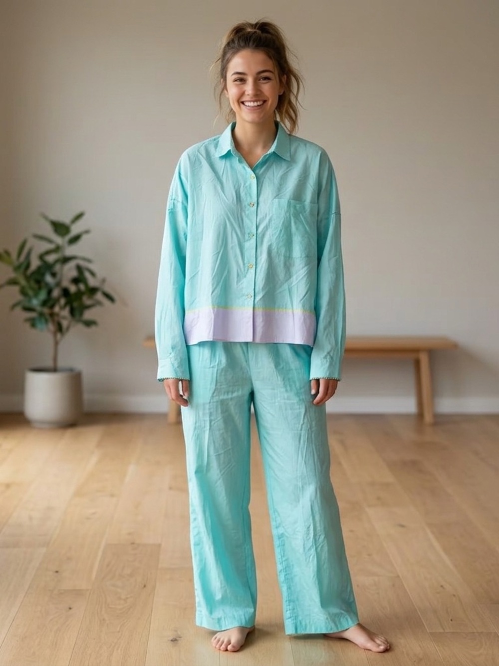 NWT Péro Aqua Two-Piece Set w/ Pink Pastel Trim 100% Silk Logenlok Size M &‎ L